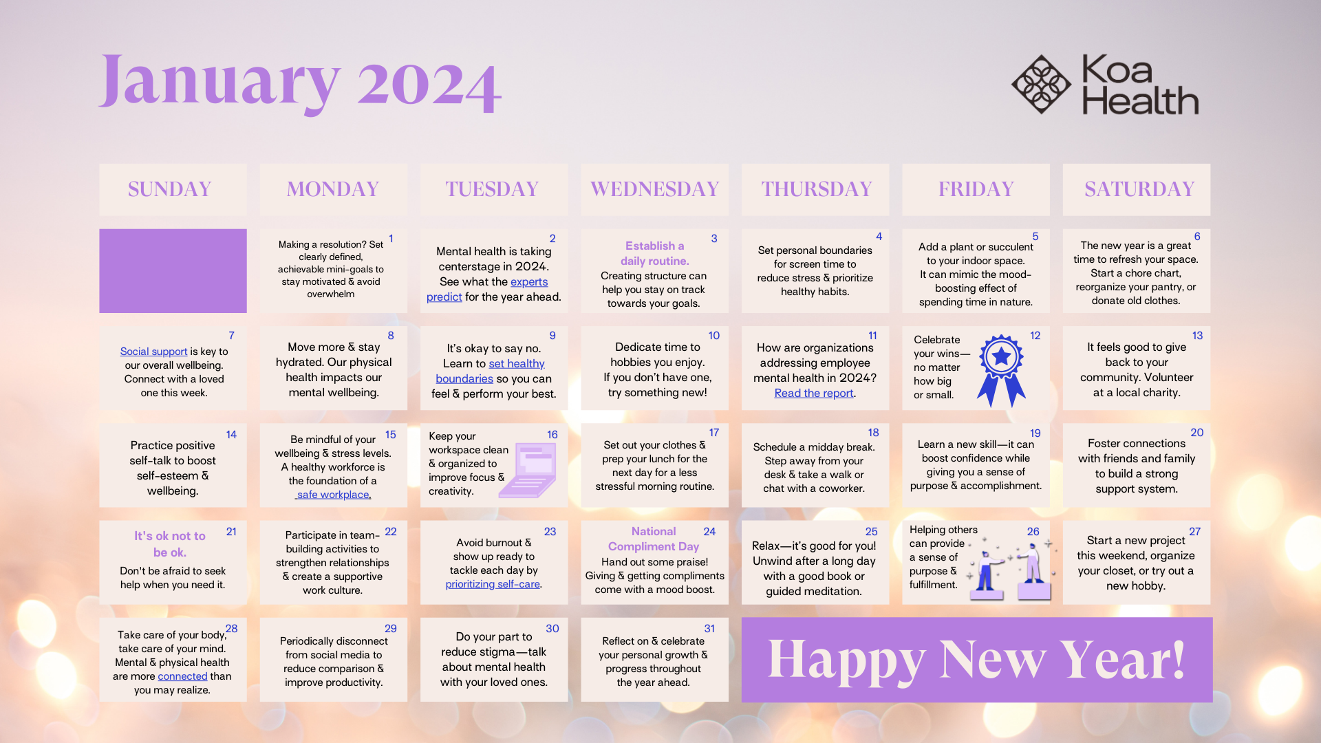 January 2024 mental wellbeing calendar